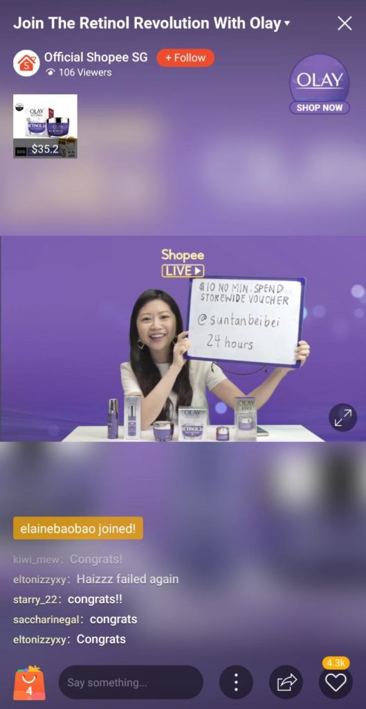 emcee Paige on Shopee Live stream for Olay